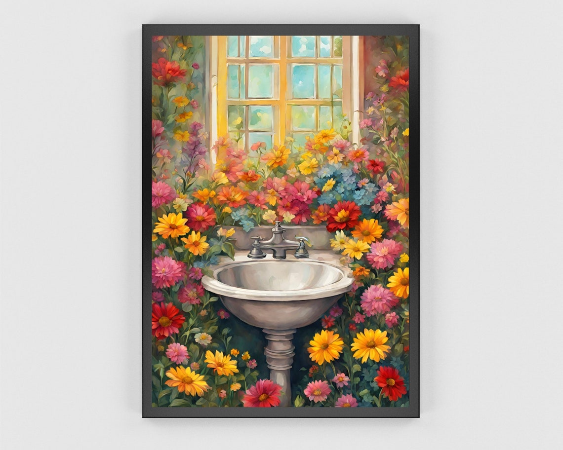 Colorful Wildflower Sink Art Blooming Bathroom Floral Wall Print - Image 3