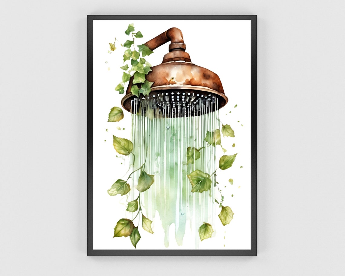 Copper Shower Head Ivy Leaves Rustic Watercolor Bathroom Art Poster - Image 3