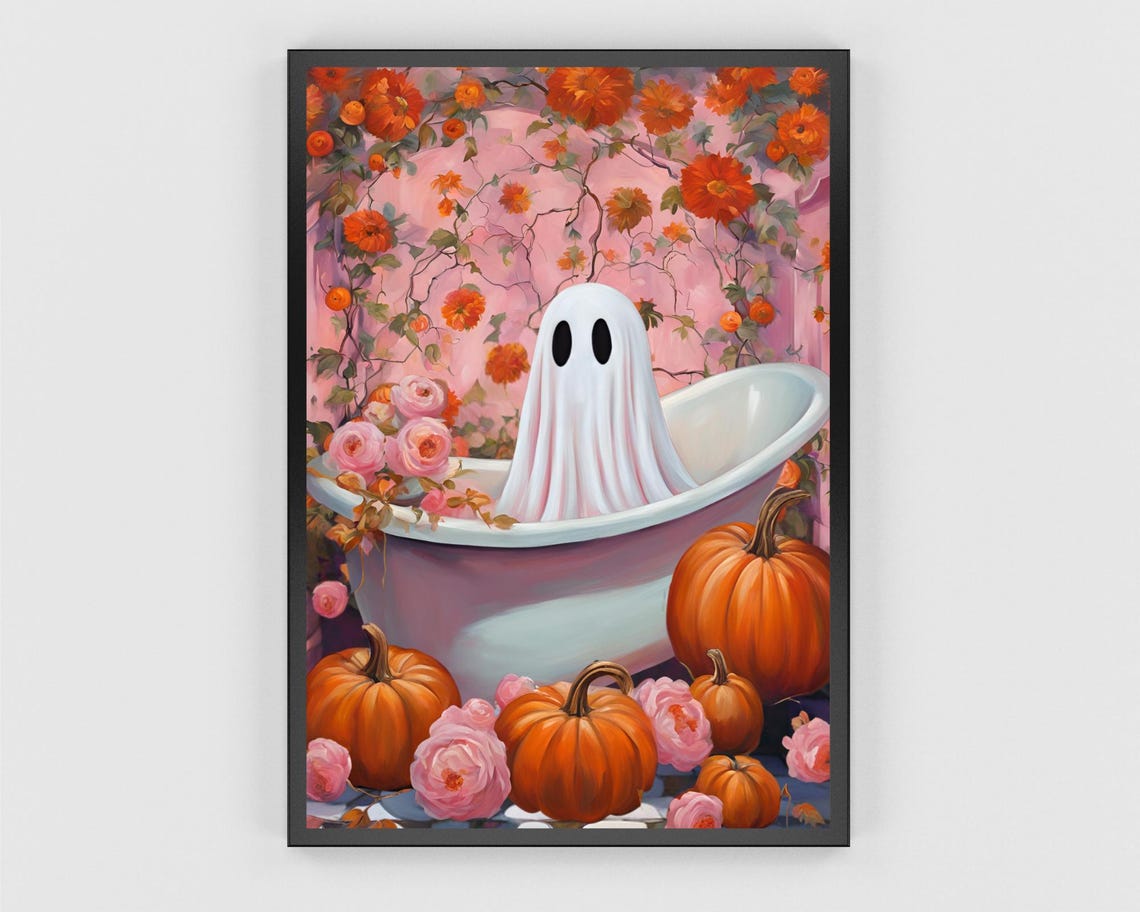 Ghost In The Bath Pumpkins Fall Flowers Halloween Wall Poster - Image 3