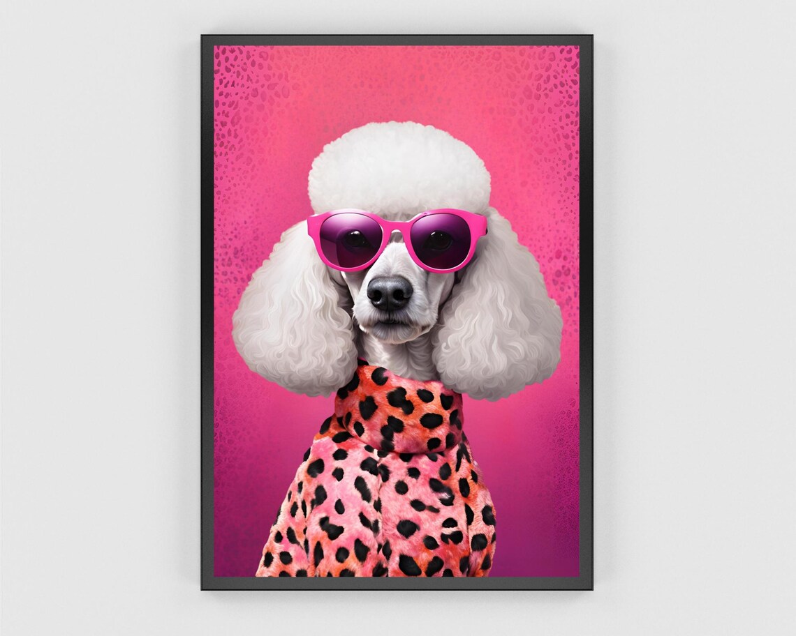 Pink Poodle Fashion Portrait Sunglasses Leopard Coat Wall Poster - Image 3