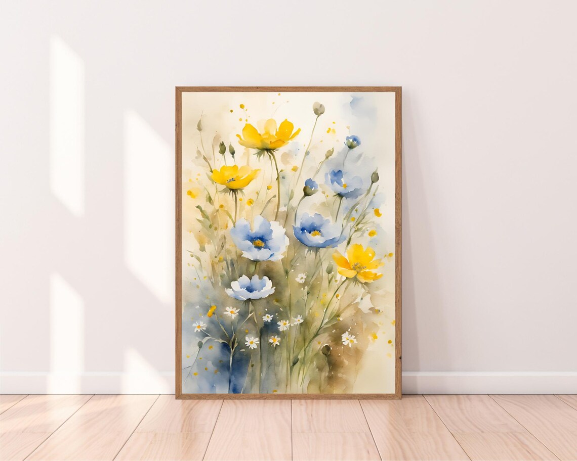 Watercolor Wildflower Meadow Yellow Blue Blooms Spring Wall Poster - Image 2