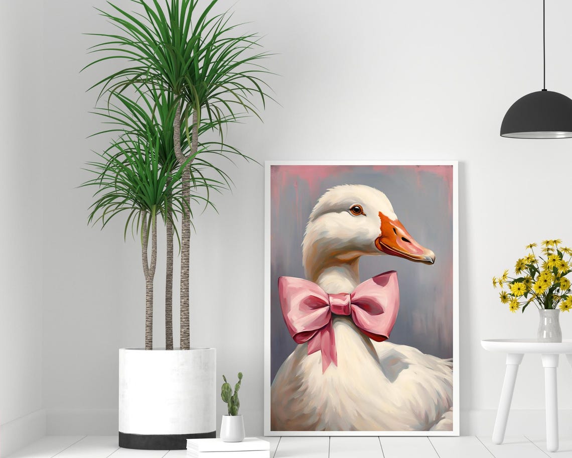 White Duck Portrait Big Pink Bow Painterly Coquette Wall Poster - Image 2