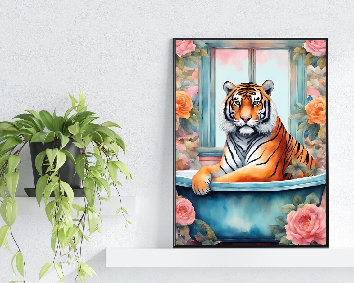 Tiger in Blue Bathtub Roses Whimsical Bathroom Animal Art Poster - Image 3