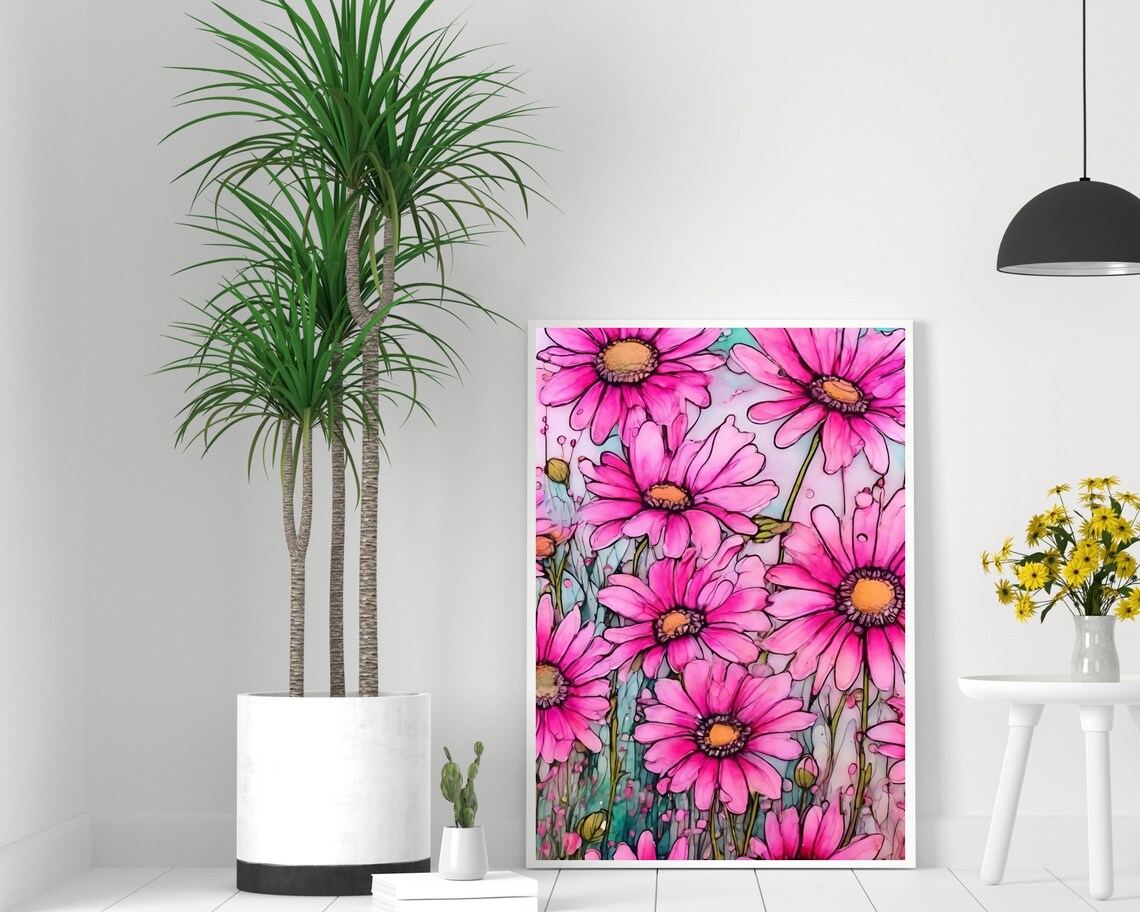 Pink Daisy Flower Art Print, Boho Wildflower Poster - Image 2