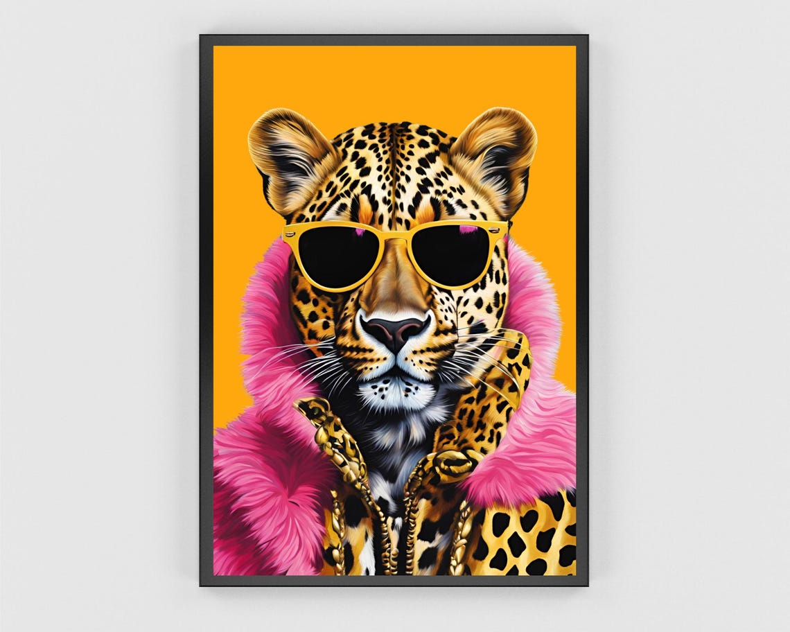 Leopard Yellow Sunglasses Pink Faux Fur Coat Pop Art Wall Poster - Image 3
