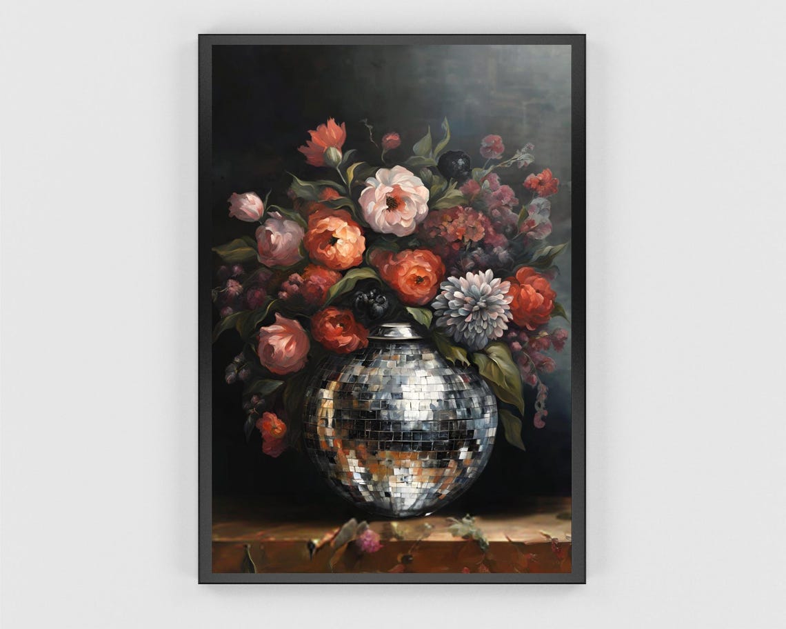 Moody Coral Peonies In Disco Ball Vase Dark Vintage Wall Poster - Image 3