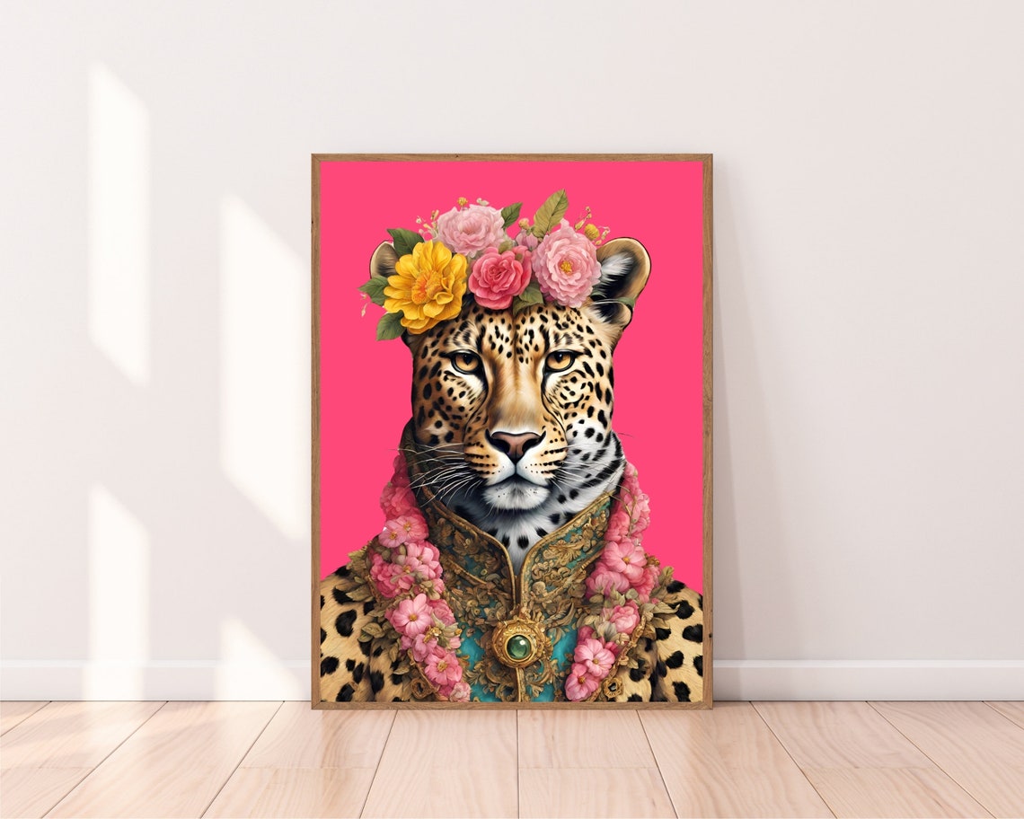 Regal Leopard Fashion Art Gold Brocade Coat Pink Blossom Crown Print - Image 2