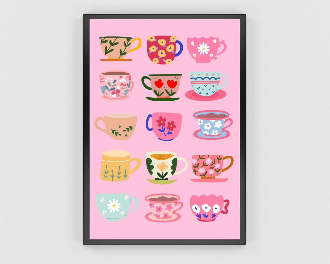 Collection of Colorful Floral Teacups on Pink Kitchen Decor Poster - Image 3
