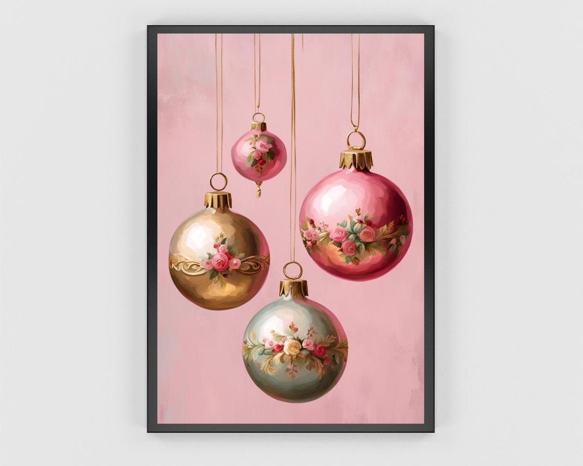 Pink Christmas Baubles Hand Painted Floral Ornaments Wall Poster - Image 3