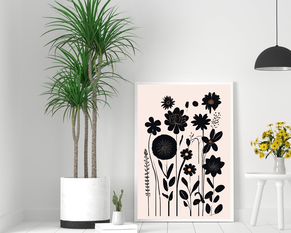 Black Silhouette Wildflowers Gold Accent Cream Botanical Poster - Image 2