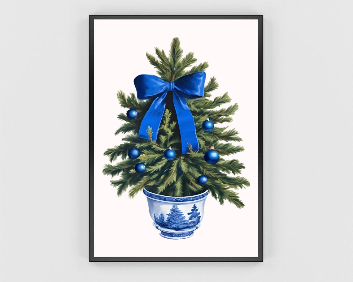Chinoiserie Christmas Tree with Blue Bow and Ornaments Poster - Image 3