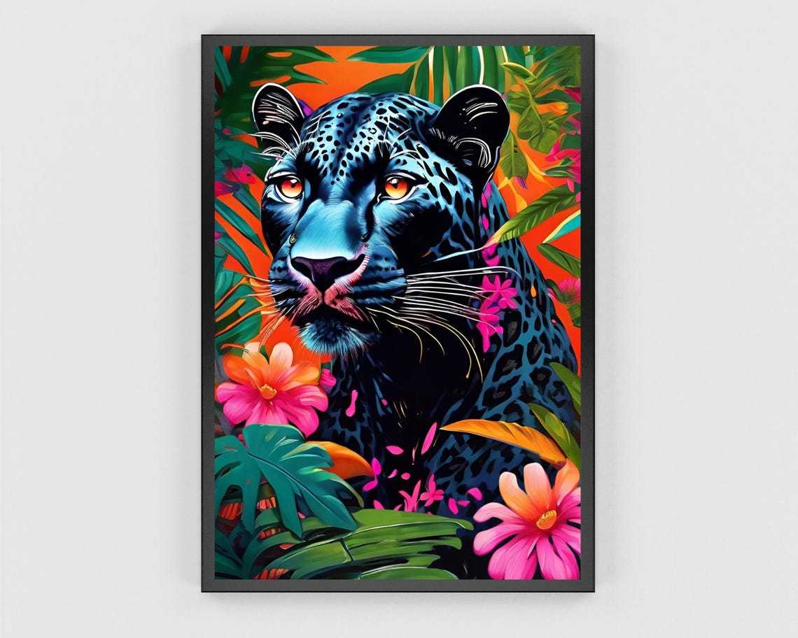 Black Panther in a Neon Tropical Jungle Bold Statement Poster - Image 3