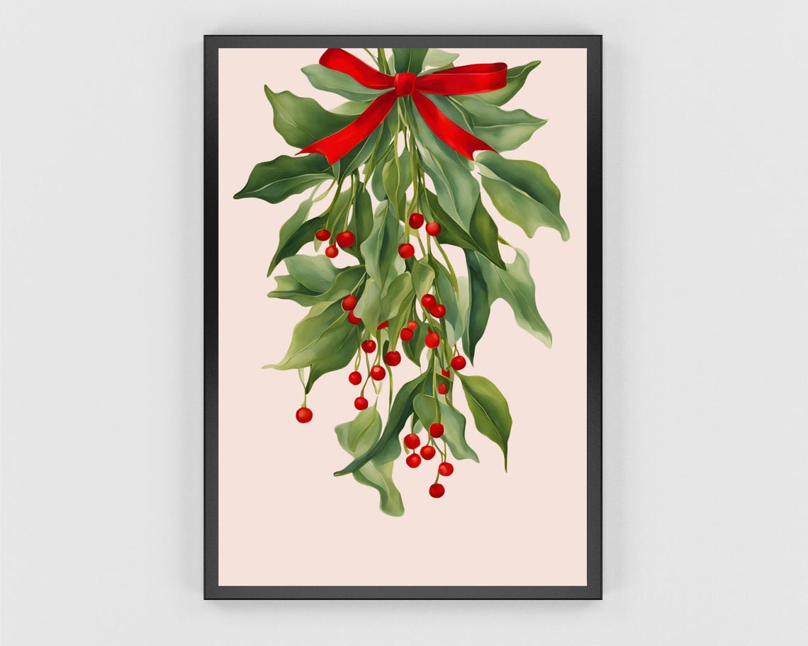 Christmas Mistletoe Swag with Red Bow and Berries Botanical Poster - Image 3