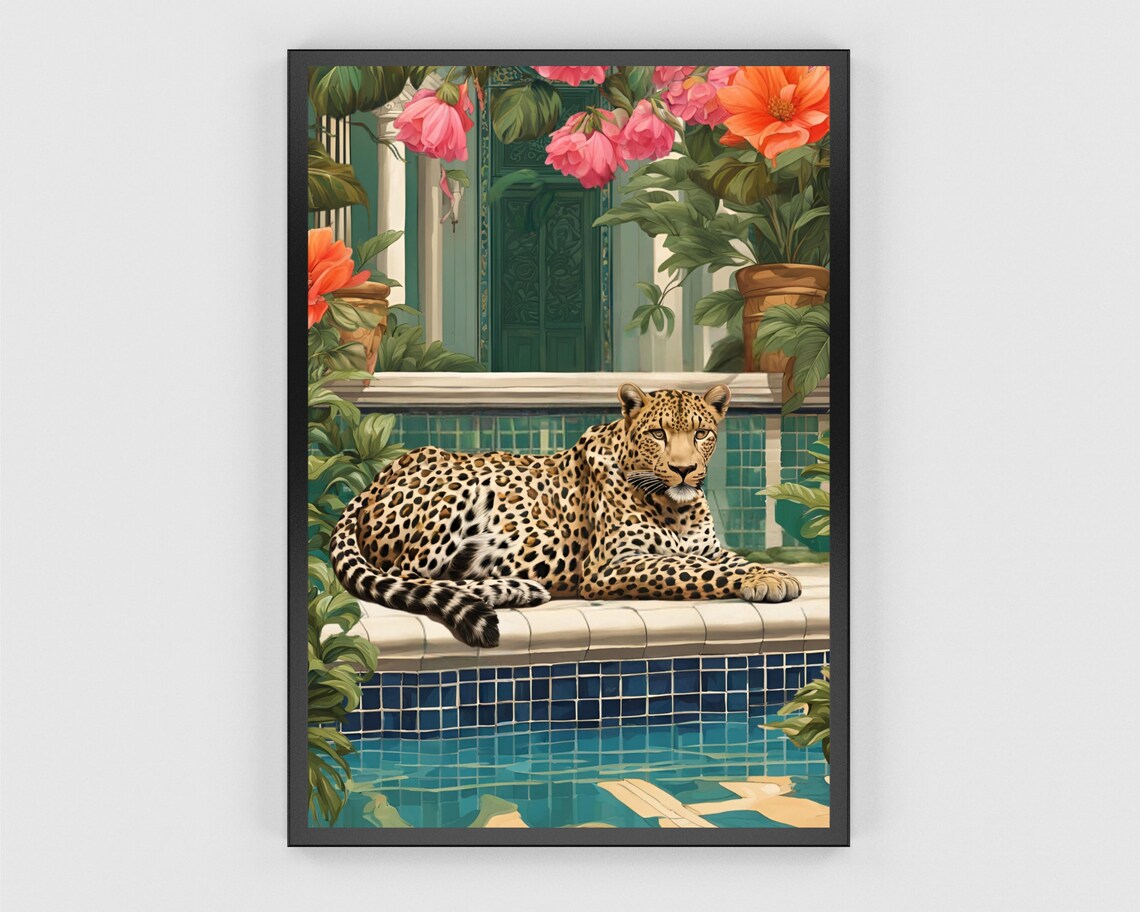 Leopard By The Pool Vintage Leopard Art Print - Image 3