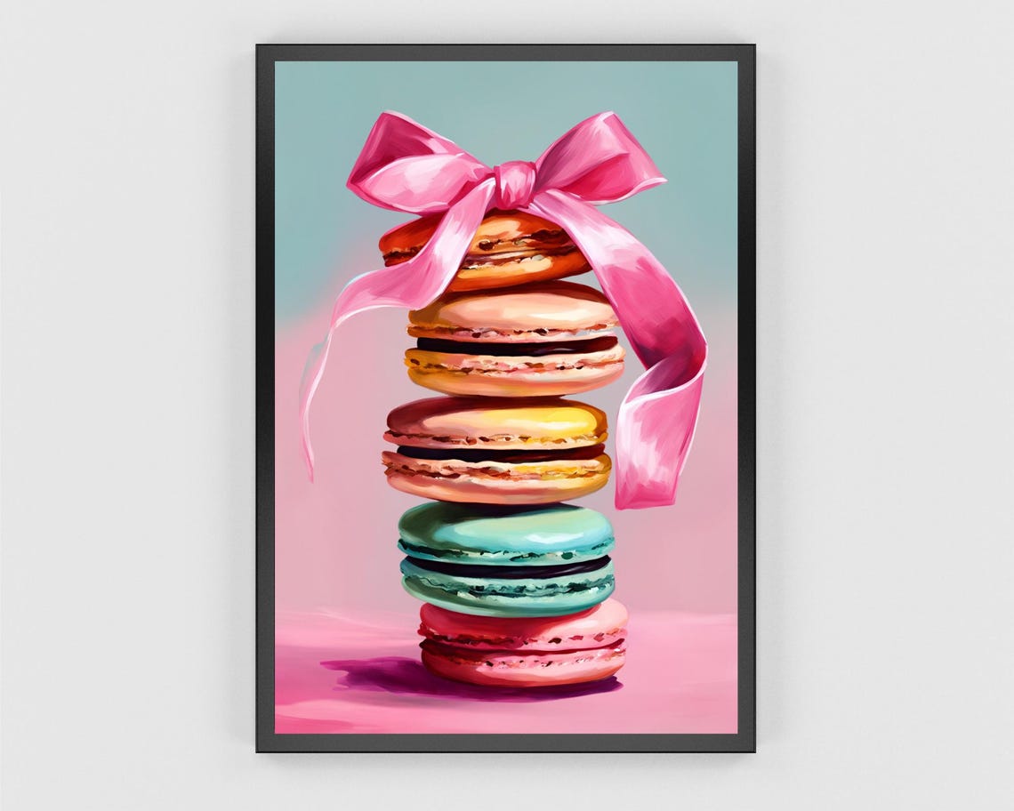 Macaron Art Print Pastel Wall Art French Macaron Art Pink Food Poster Pink Bow Coquette Aesthetic Kitchen Painting Foodie Gift Girlie Decor - Image 3