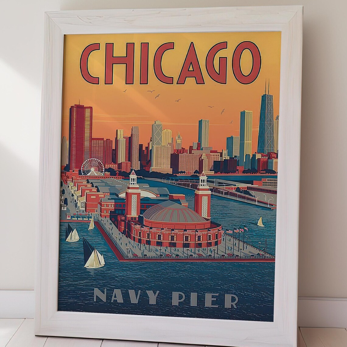 Chicago Navy Pier Sunset Skyline Sailboats Golden Retro Poster - Image 2