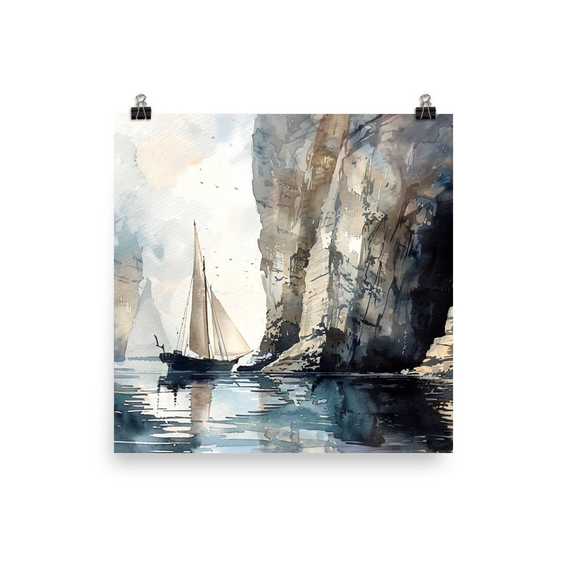 Sailboat Reflection Watercolor with Dark Cliffs and Teal Sea Poster - Image 5
