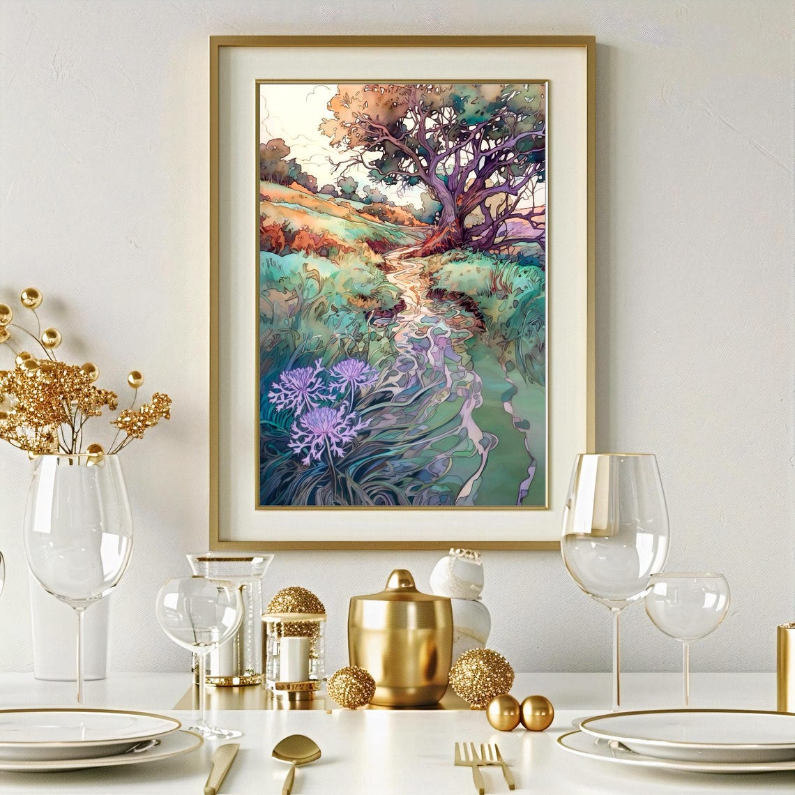 Hillside Stream with Purple Blooms Watercolor Landscape Poster - Image 3