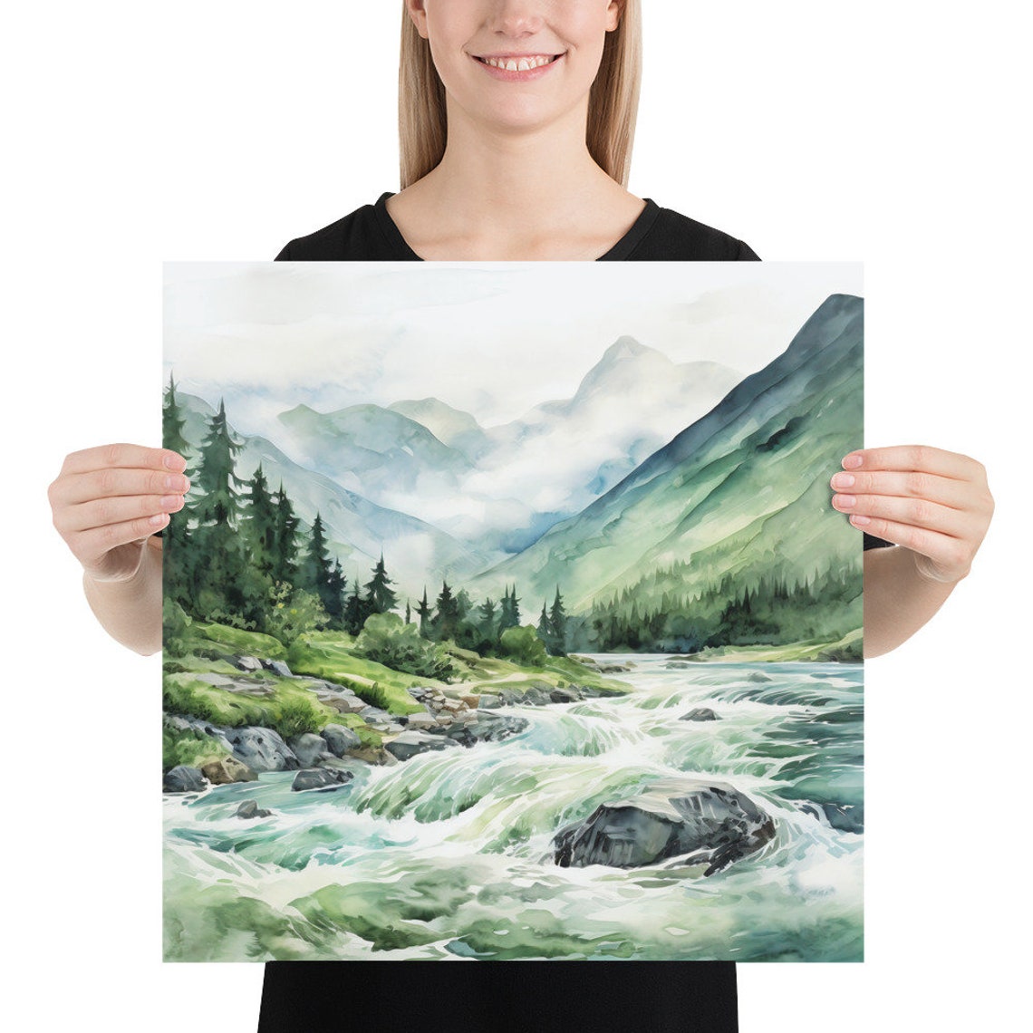 Green Mountain Valley Rushing River Rapids Watercolor Wall Art - Image 5