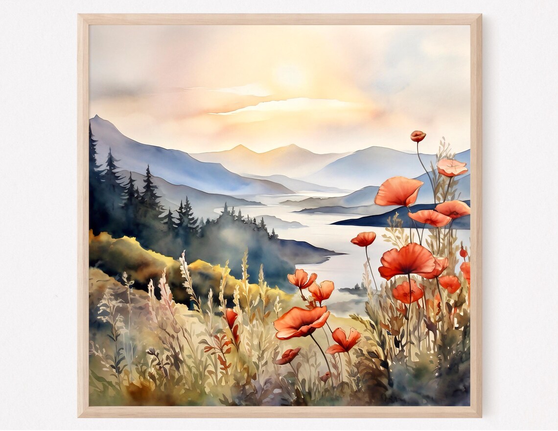 Columbia Gorge Watercolor Painting Mountain River Art Print Poppy Flowers Landscape Print Foggy Pine Forest Fine Art Print Home Decor Gift