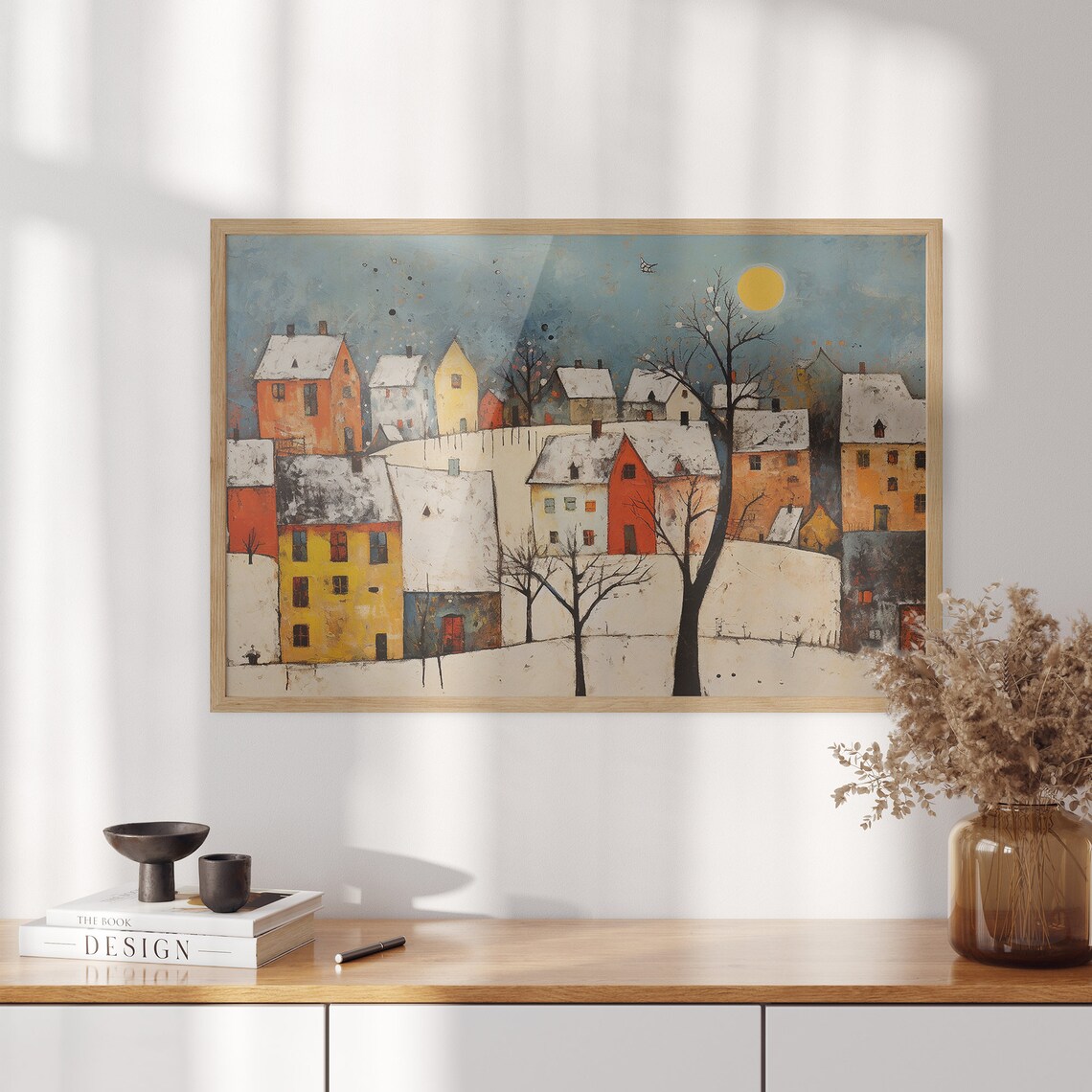 Cheerful Colorful Snowy Village Under Big Golden Sun Naive Art Poster - Image 3