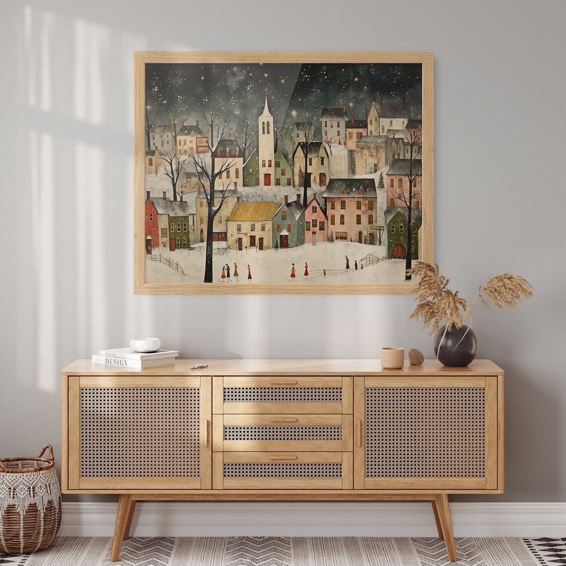 Starry Night Snowy Village Church Folk Art Christmas Scene Poster - Image 2