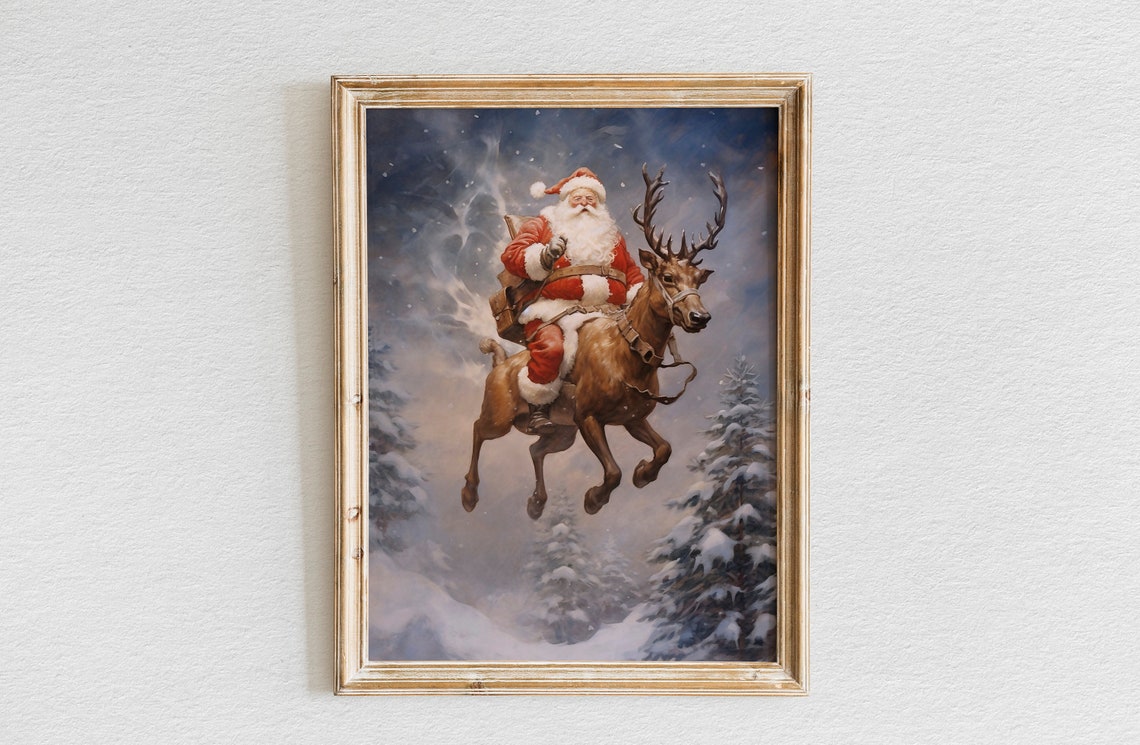 Santa Claus Riding a Flying Reindeer Through the Night Sky Poster