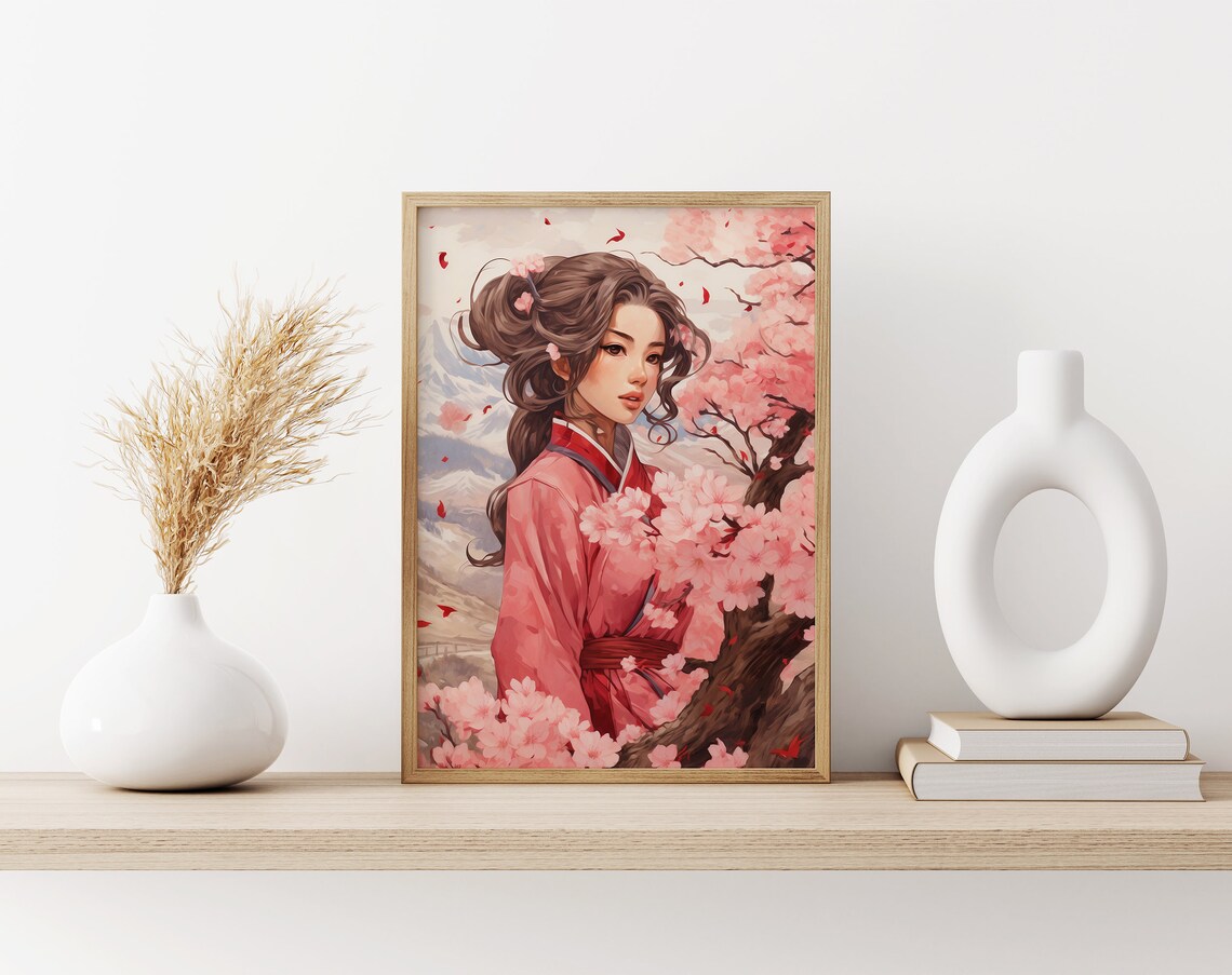 Woman in Pink Kimono Among Cherry Blossoms with Mountains Poster - Image 3
