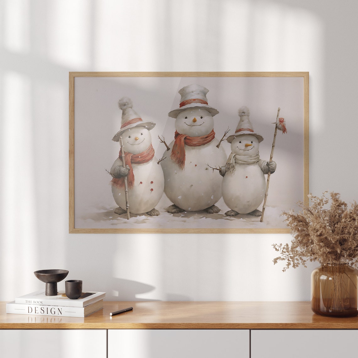 Three Cute Snowmen with Pointed Hats and Walking Sticks Poster - Image 3