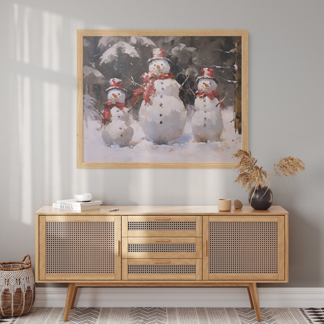 Three Happy Snowmen with Red Scarves in a Snowy Forest Poster - Image 2