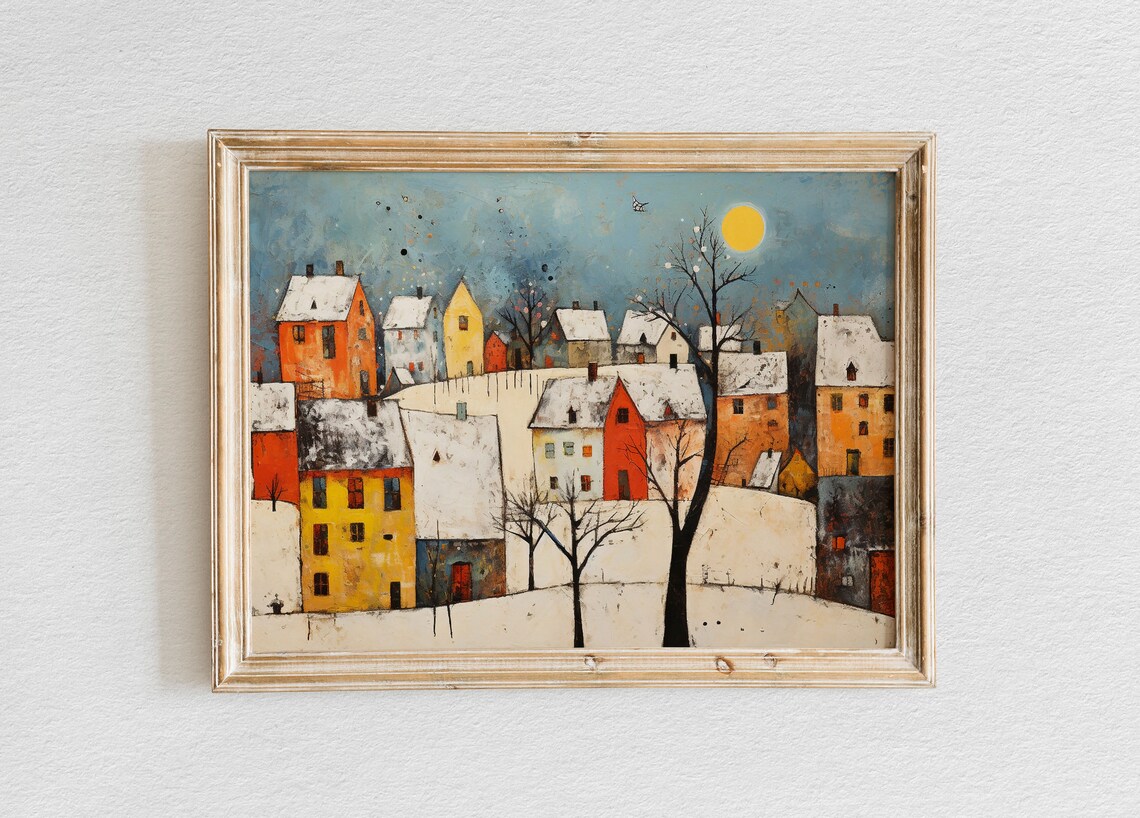 Cheerful Colorful Snowy Village Under Big Golden Sun Naive Art Poster