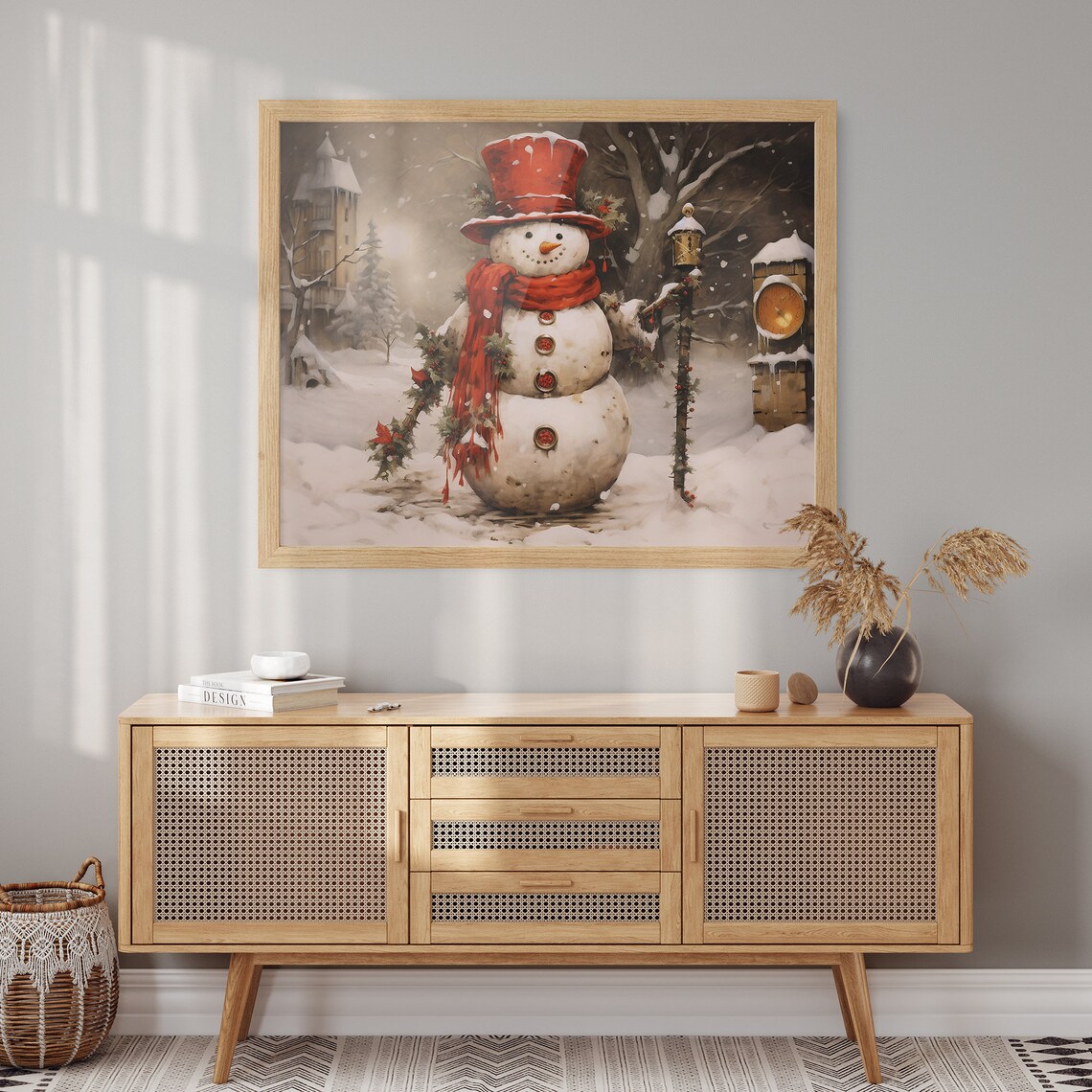 Vintage Snowman in Red Top Hat Snowy Holiday Village Scene Poster - Image 2