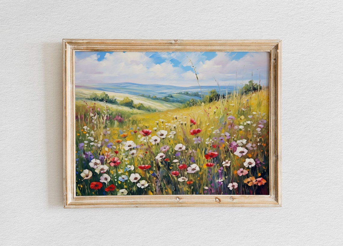 Whispers Of Spring Enchanting Wildflower Field In Oil Poster Wall Art Oil Painting Landscape Painting Spring Wall Art