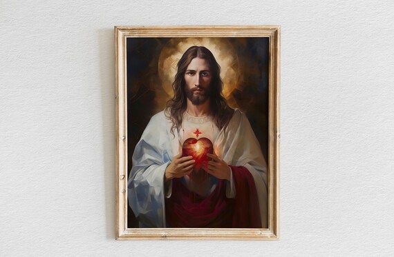 Sacred Heart of Jesus Holding a Glowing Heart Halo Oil Painting Poster