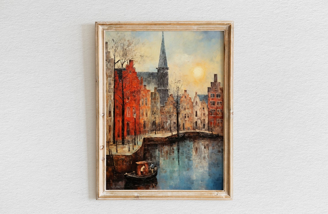 Amsterdam Canal Boat Gabled Houses Golden Hour Cityscape Poster