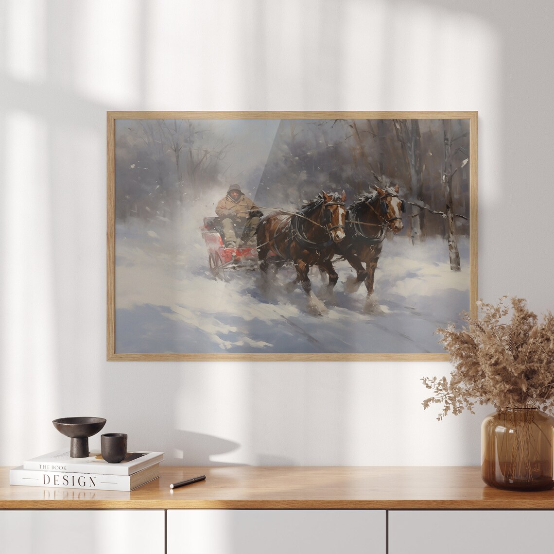 Two Horses Drawn Red Sleigh Ride Snowy Woods Winter Scene Poster - Image 3