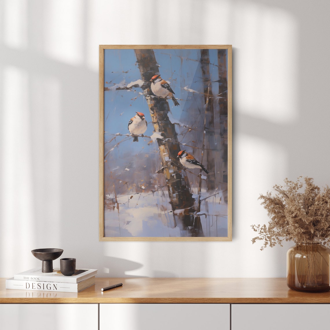 Three Small Birds Perched on a Snowy Birch Tree Trunk Poster - Image 2