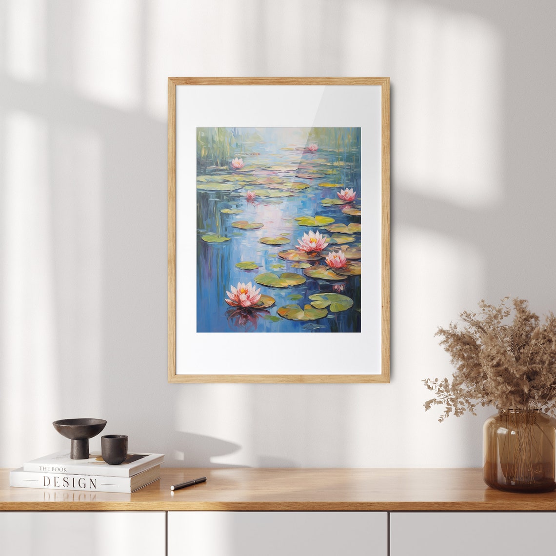 Pink Water Lilies on a Blue Pond Monet Style Impressionist Oil Poster - Image 2