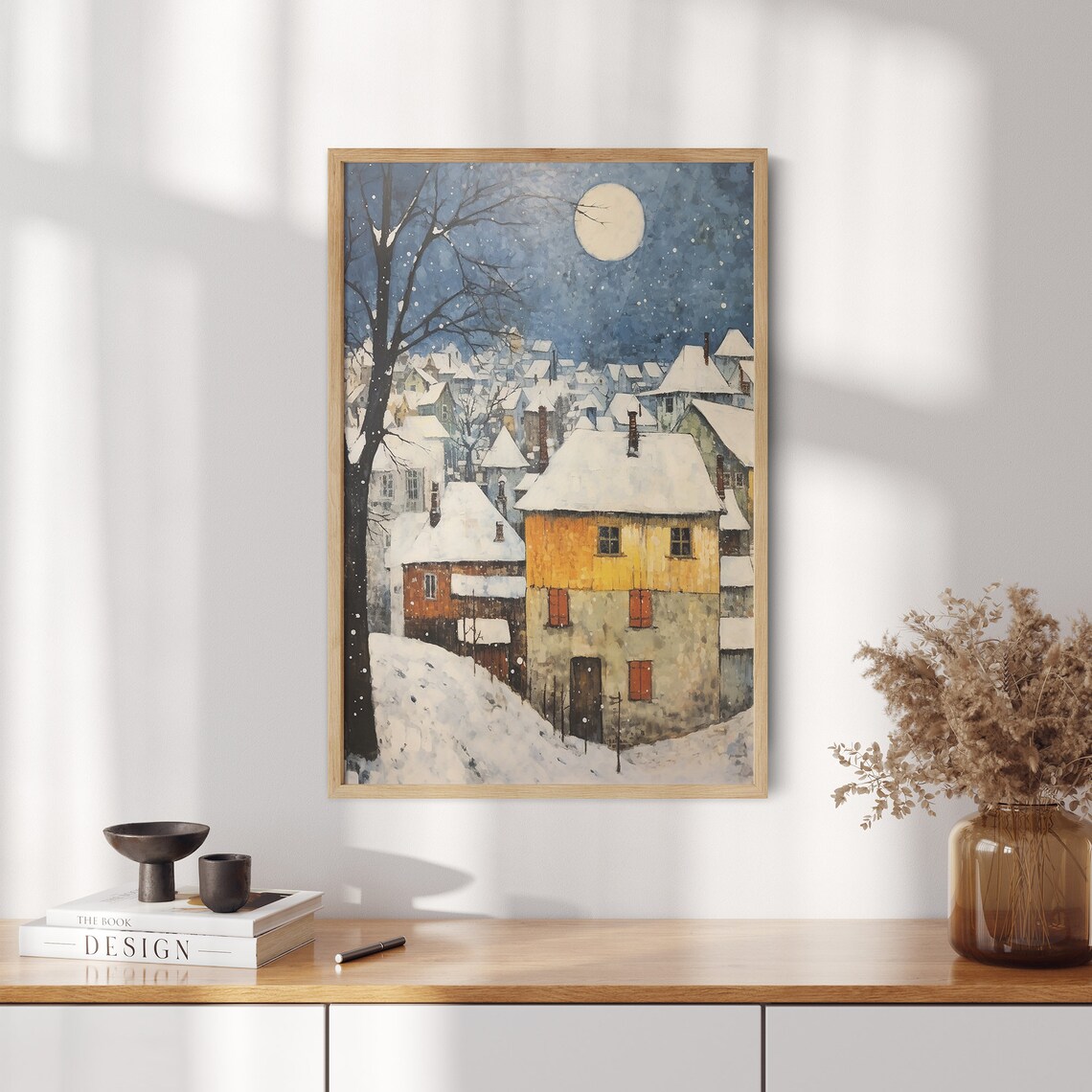 Moonlit Snowy Village Full Moon Night Winter Town Scene Poster - Image 2