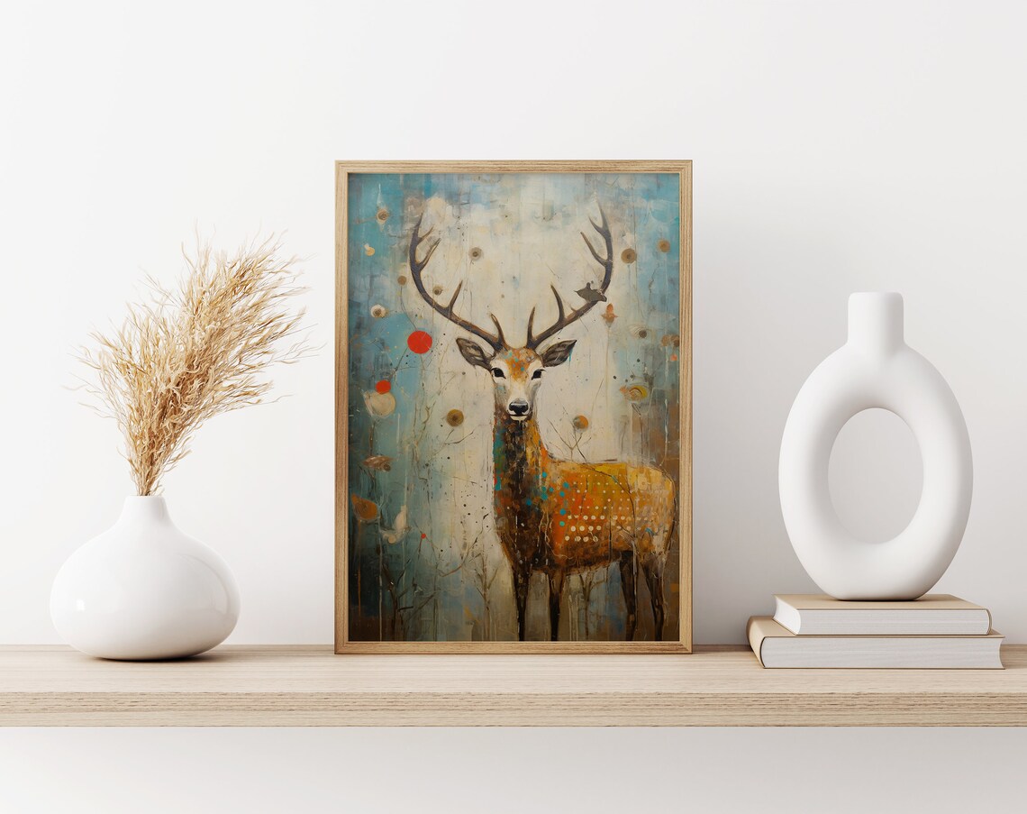 Whimsical Deer with Antlers in Dreamy Abstract Blue Meadow Art Poster - Image 3