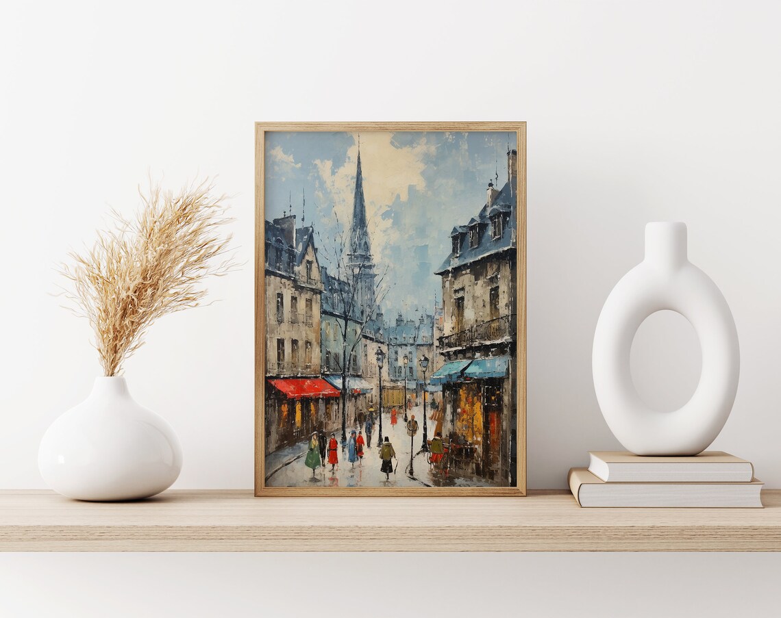 Paris Street Church Spire Rainy Day Cafe Scene Cityscape Poster - Image 3