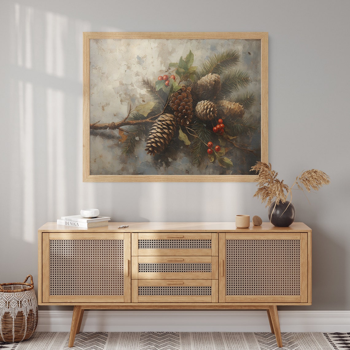 Pinecones Red Berries Evergreen Branch Rustic Winter Still Life Poster - Image 2