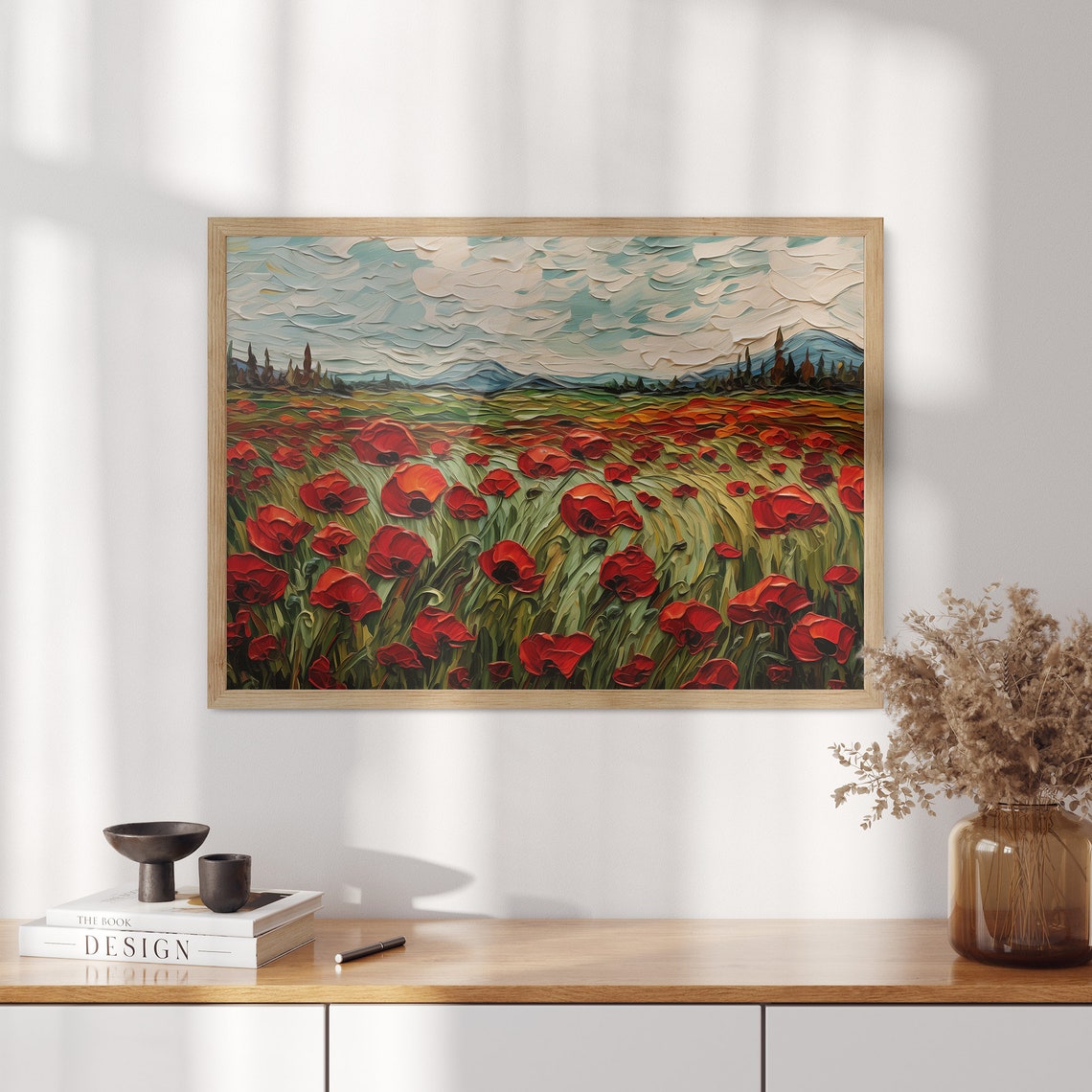 Red Poppies Impasto Field Mountain Landscape Textured Art Poster - Image 3
