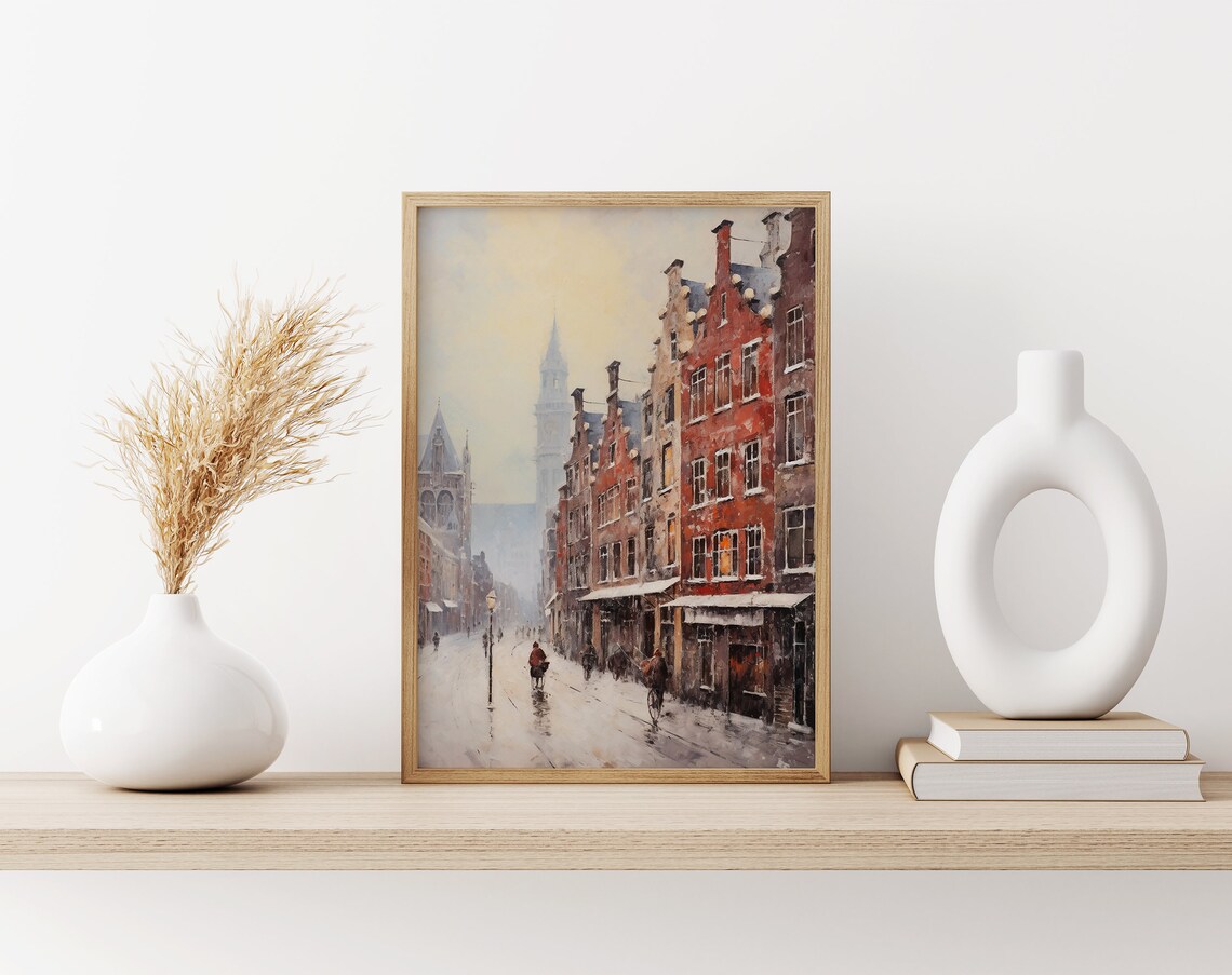 Snowy Amsterdam Street Bicycles Gabled Houses Winter Cityscape Poster - Image 3