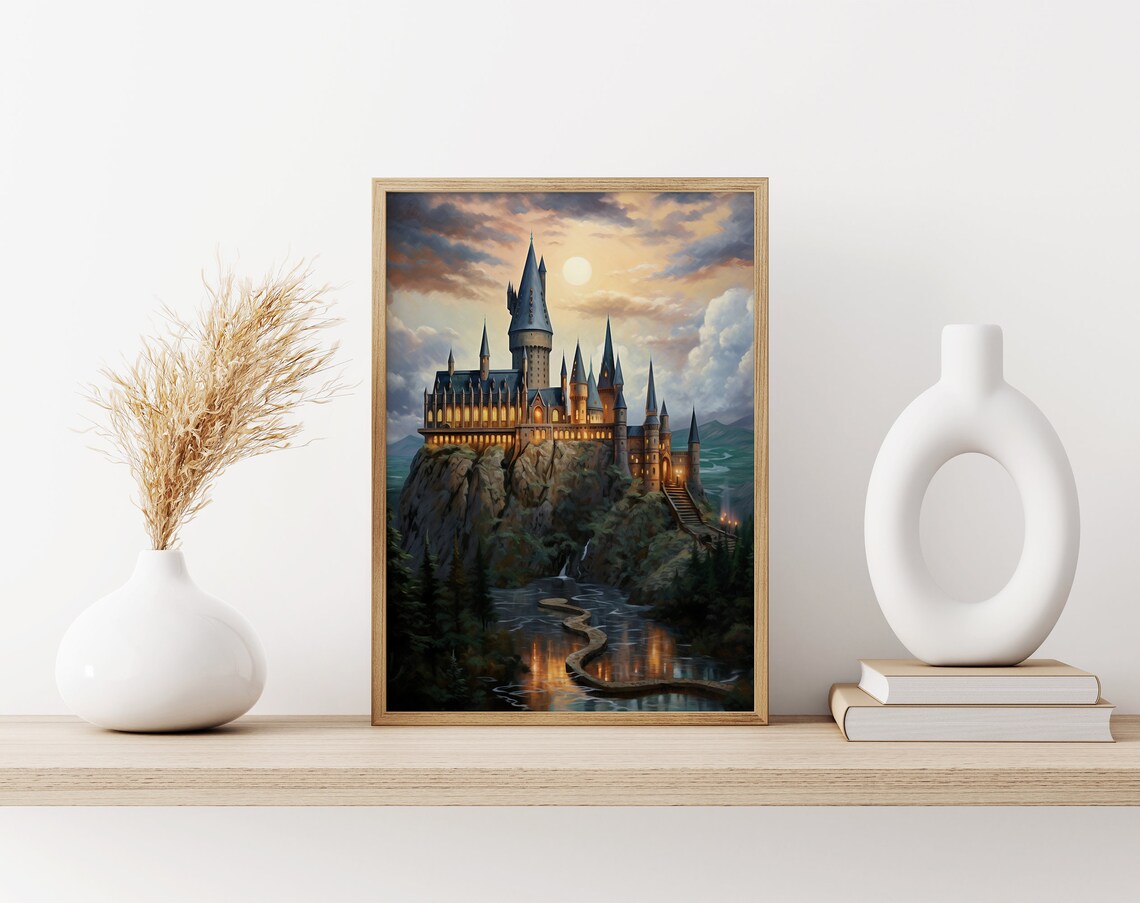 Moonlit Fantasy Castle on Cliffs Enchanted Oil Painting Poster - Image 3