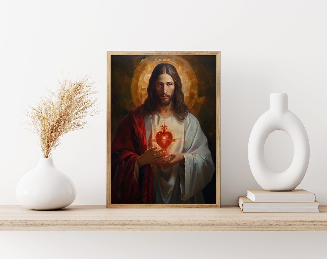 Sacred Heart Jesus in Red Robe With Radiant Heart Golden Halo Poster - Image 3