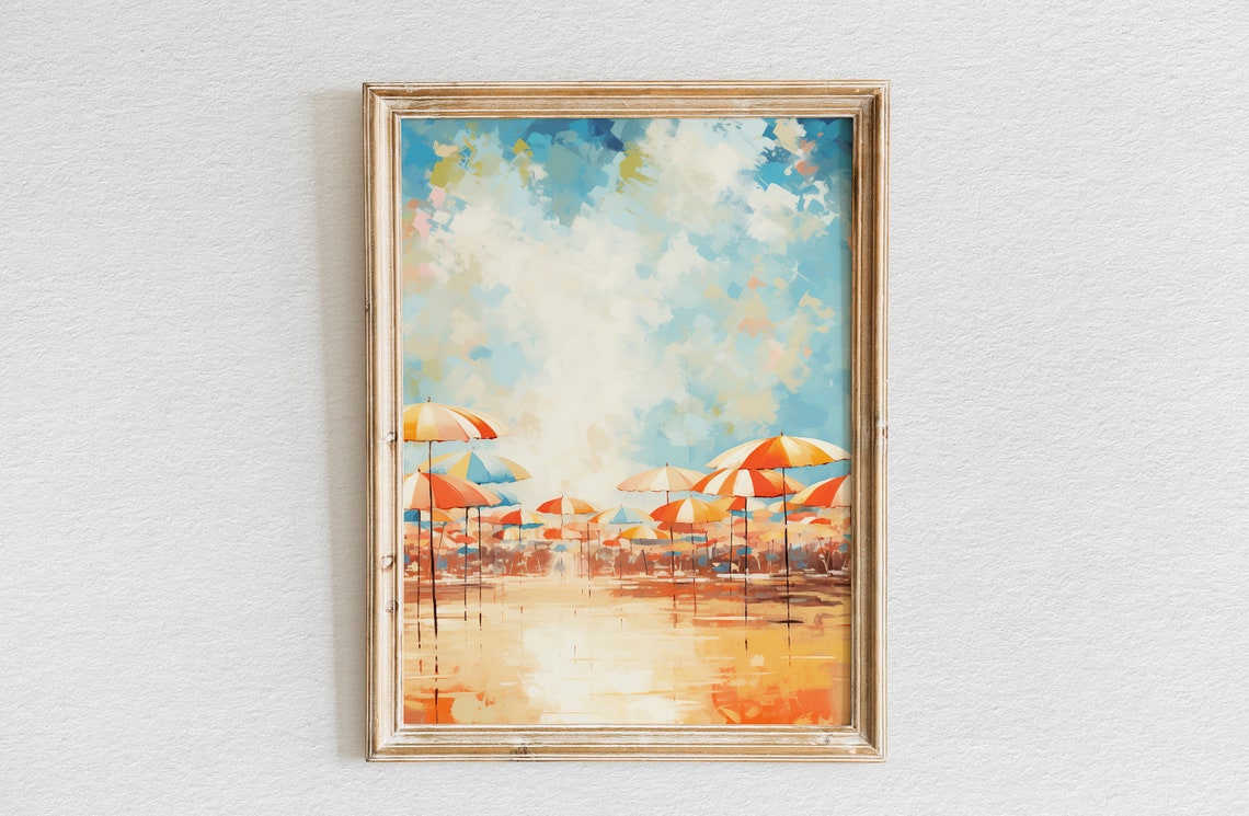 Beach Umbrellas Coastal Impressionist Shore Scene Art Poster
