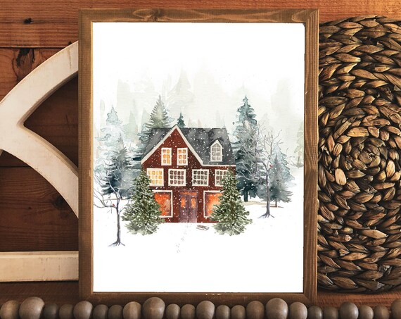 Red Winter House Glowing Windows Watercolor Snowy Christmas Scene Poster