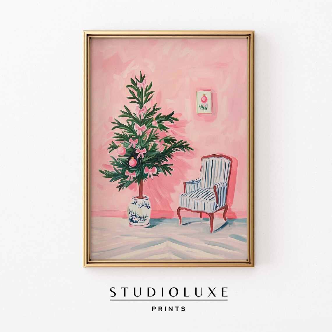 Pink Christmas Tree with Velvet Bows in Chinoiserie Planter Poster