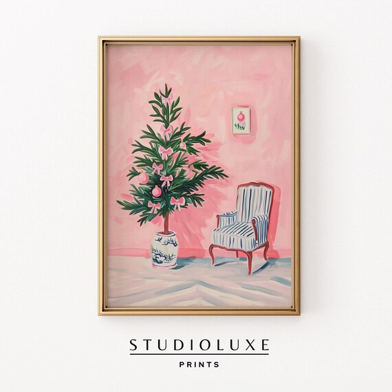 Pink Christmas Tree with Velvet Bows in Chinoiserie Planter Poster